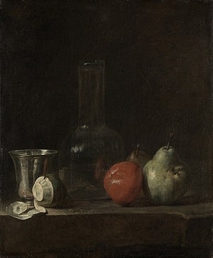 ジャン・シメオン・シャルダン（Jean-Baptiste-Siméon Chardin）による 『フラスコ瓶と果物のある静物画』（Still Life with Glass Flask and Fruit））