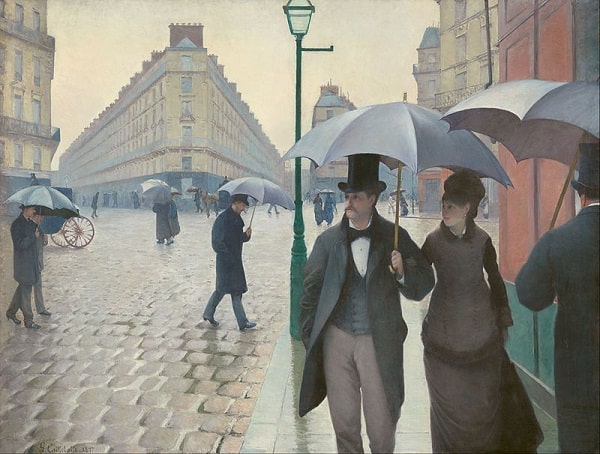ギュスターヴ・カイユボット（Gustave Caillebotte）の『パリの通り、雨』。雨の絵。