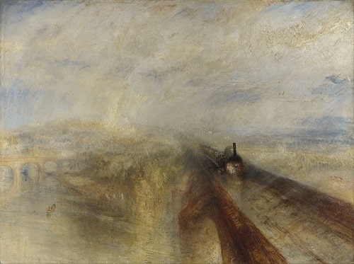 ジョゼフ・マロード・ウィリアム・ターナーの『雨、蒸気、速度―グレート・ウェスタン鉄道』。雨の絵。