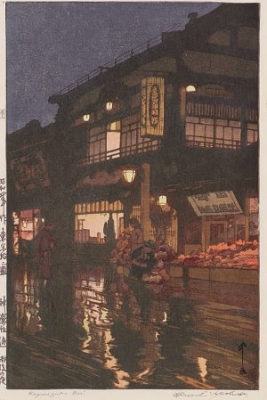 吉田博の版画『東京拾二題　神楽坂通　雨後の夜』。雨の絵。