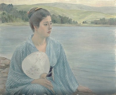 児島虎次郎も影響を受けた外光派の代表的な洋画家、黒田清輝による『湖畔』。